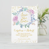 日付カードの金ゴールドのグリッターの花柄のsucculentsを救って下さい セーブザデート (スタンド正面)