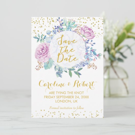 日付カードの金ゴールドのグリッターの花柄のsucculentsを救って下さい セーブザデート (スタンド正面)