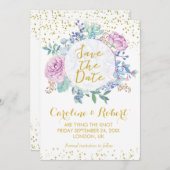 日付カードの金ゴールドのグリッターの花柄のsucculentsを救って下さい セーブザデート (正面/裏面)