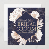 日付カードの青い金ゴールドボタン 招待状 (正面/裏面)