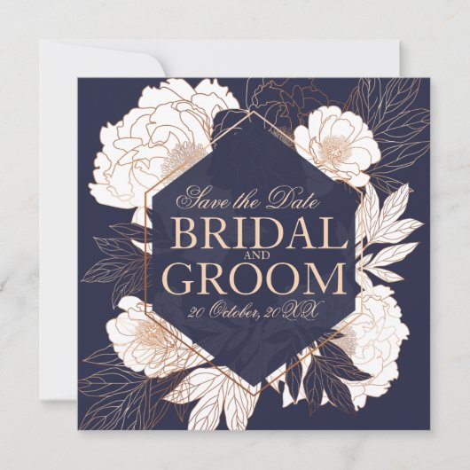 日付カードの青い金ゴールドボタン 招待状 (正面)