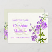 日付カードを保存したデルフィニウムのアートパープルフラワー 案内ポストカード (正面/裏面)