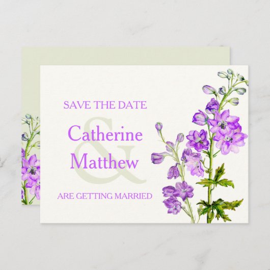 日付カードを保存したデルフィニウムのアートパープルフラワー 案内ポストカード (正面/裏面)