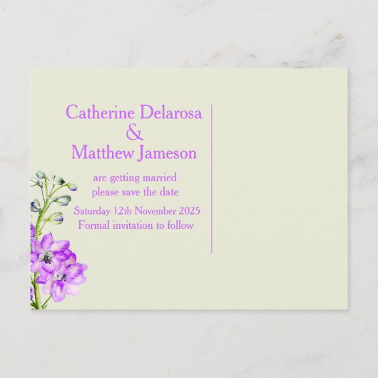 日付カードを保存したデルフィニウムのアートパープルフラワー 案内ポストカード (裏面)