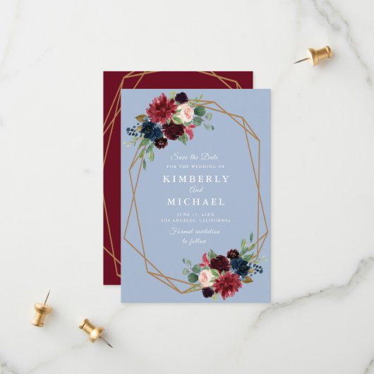 日付カードを保存するブルゴーニュの埃っぽい青い幾何学的 セーブザデート (正面/裏面インサイチュ)