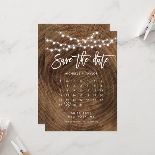 日付カードを保存する木目のカレンダー カード (正面/裏面インサイチュ)