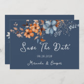 日付カードを保存する青とオレンジの野生の花 招待状 (正面/裏面)