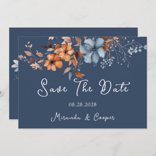 日付カードを保存する青とオレンジの野生の花 招待状 (正面/裏面)