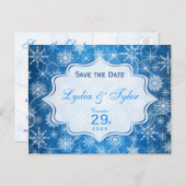 日付カードを保存する青と白の雪 案内ポストカード (正面/裏面)