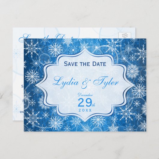 日付カードを保存する青と白の雪 案内ポストカード (正面/裏面)