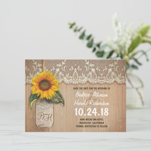 日付カードを除いた素朴なヒマワリのメイスン・ジャー セーブザデート (スタンド正面)