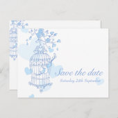 日付カードを除く青い鳥のオープンケージの結婚式 案内ポストカード (正面/裏面)