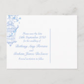 日付カードを除く青い鳥のオープンケージの結婚式 案内ポストカード (裏面)