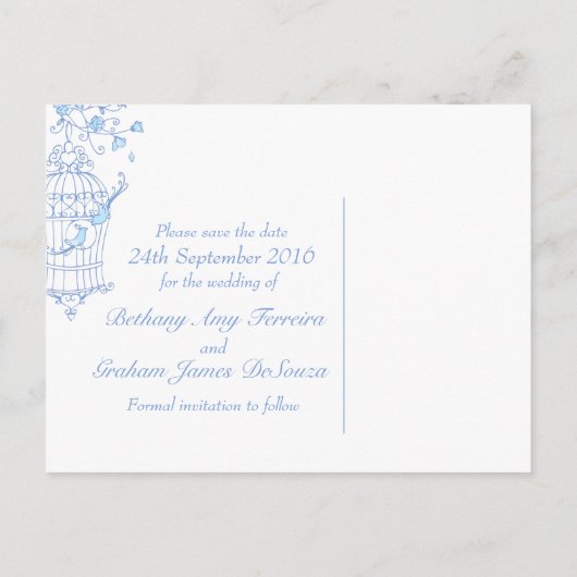 日付カードを除く青い鳥のオープンケージの結婚式 案内ポストカード (裏面)