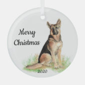 日付クリスマスウォーター色ドイツの羊飼い犬 ガラスオーナメント (正面)