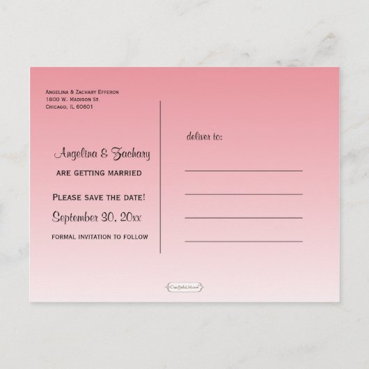 日付グラデーションのポストカー結婚ドをピンク色で保存 案内ポストカード (裏面)