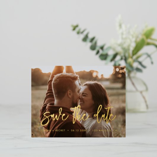 日付コンテンポラリー金ゴールドフォイルのフォトカードを保存 箔招待状ポストカード (立ち正面)