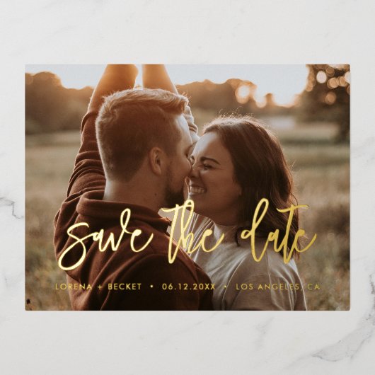 日付コンテンポラリー金ゴールドフォイルのフォトカードを保存 箔招待状ポストカード (正面)