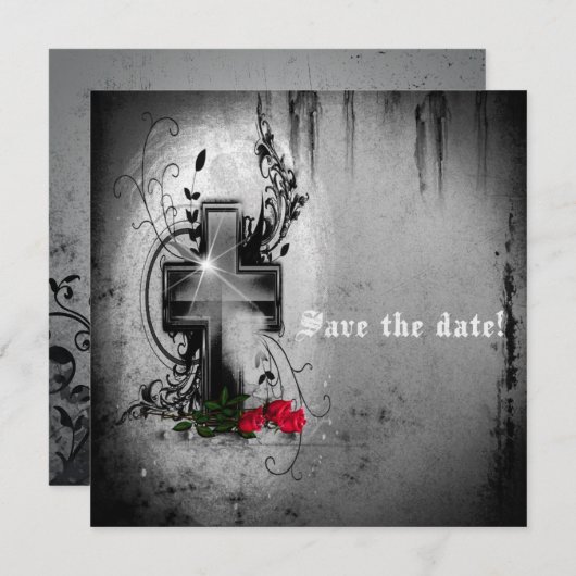 日付ゴシックの十字架とバラ招待状 セーブザデート (正面/裏面)