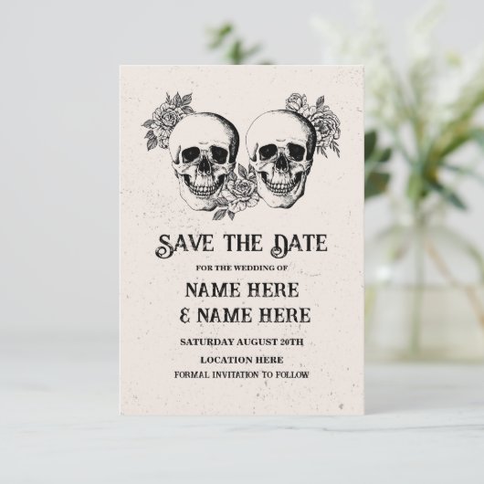 日付ゴシック様式のフレームハロウィーンスカルカードを保存 セーブザデート (スタンド正面)