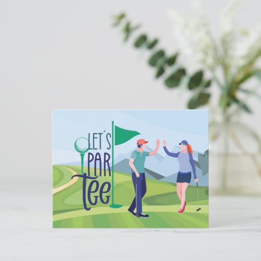 日付ゴルファーのパーティーを保存するためのゴルフ場パー・ティー ポストカード (スタンド正面)