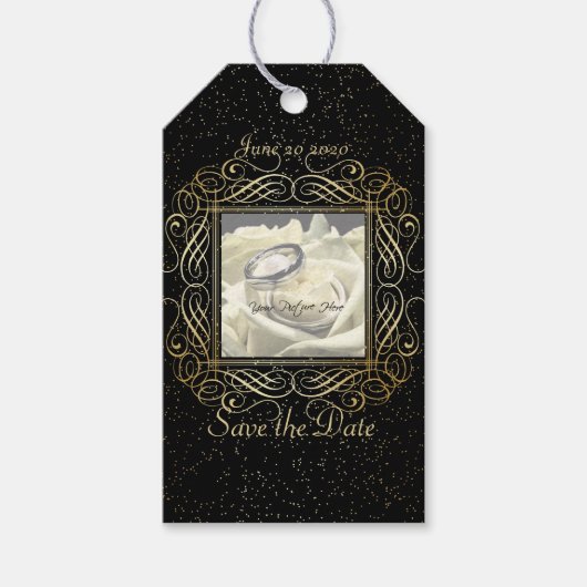 日付ゴールドフォイルエレガントドットのルックスクリプトを保存 ギフトタグ (正面)