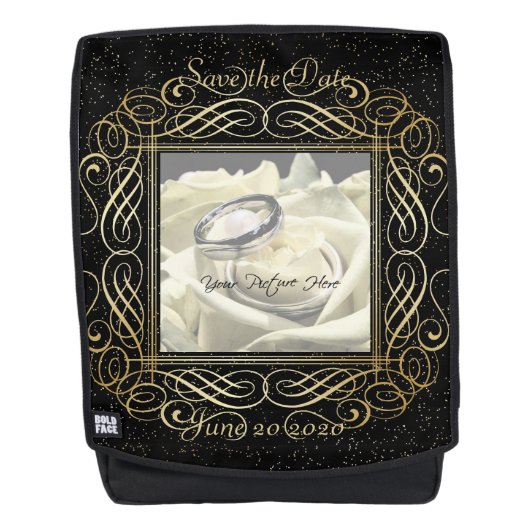 日付ゴールドフォイルエレガントドットのルックスクリプトを保存 バックパック (正面)