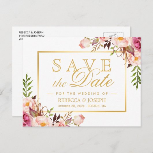 日付シックなピンクエレガントのフローラ金ゴールドフレームの保存 ポストカード (正面/裏面)
