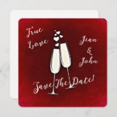 日付シャンパングラスを赤く保存 招待状 (正面/裏面)