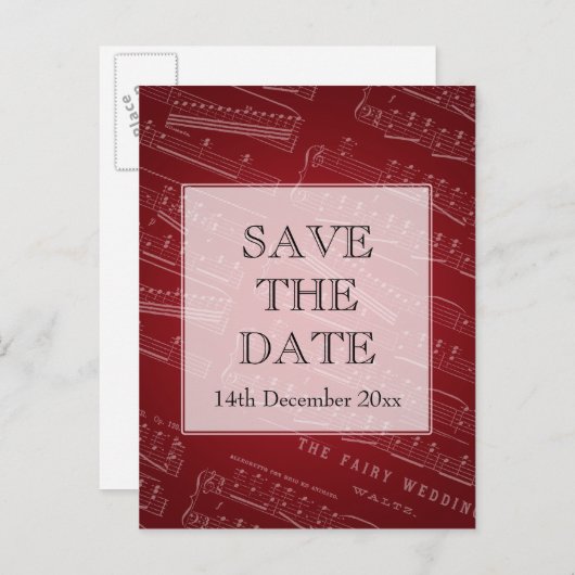 日付シーエレガントトの音楽を赤で保存 案内ポストカード (正面/裏面)