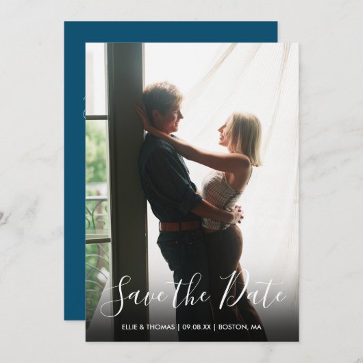 日付スクリプトのエレガント写真をシンプル保モダン存 セーブザデート (正面/裏面)