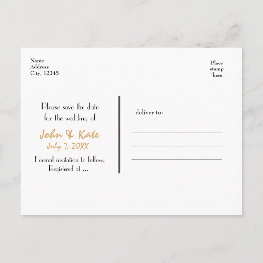 日付スクリプトのタイポグラフィ写真ポストカードの保存 案内ポストカード (裏面)