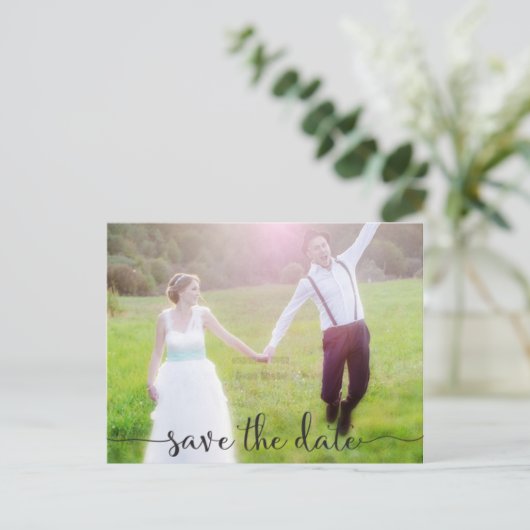 日付スクリプトのタイポグラフィ写真ポストカードの保存 案内ポストカード (スタンド正面)