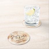 日付スクリプトのフェイク木目の結婚保存 ラウンドペーパーコースター (インサイチュ)