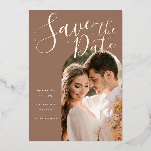 日付スクリプトスタイリッシュのArchフレームの写真の保存 箔招待状 (正面)