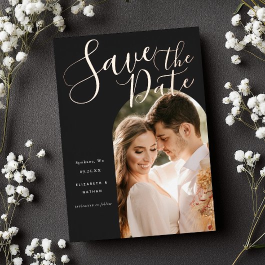 日付スクリプトスタイリッシュのArchフレームの写真の保存 箔招待状