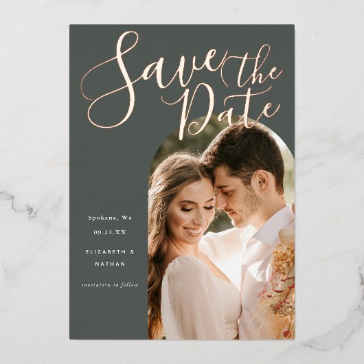 日付スクリプトスタイリッシュのArchフレームの写真を保存 箔招待状 (正面)