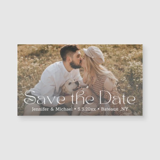 日付スクリプトモダンカップルの写真マグネットを保存 (正面)