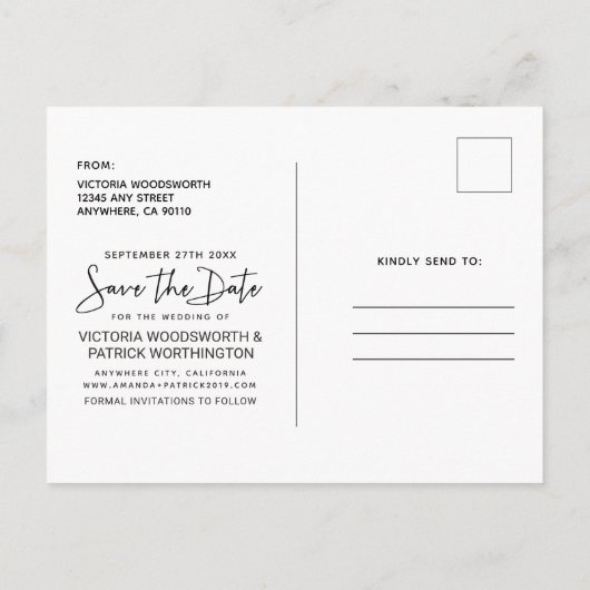 日付スクリプトモダンタイポグラフィの結婚保存 案内ポストカード (裏面)