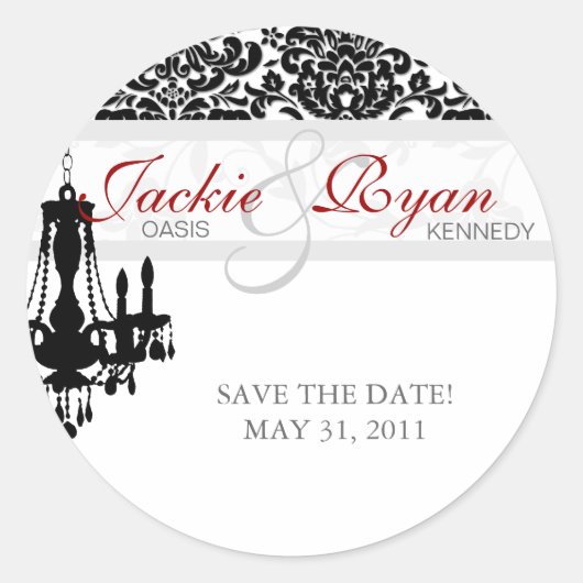 日付ステッカーChandelier BW Damaskの保存 ラウンドシール (正面)