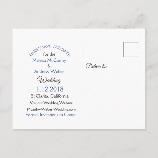 日付ストライプのはがきを青で保存 案内ポストカード (裏面)