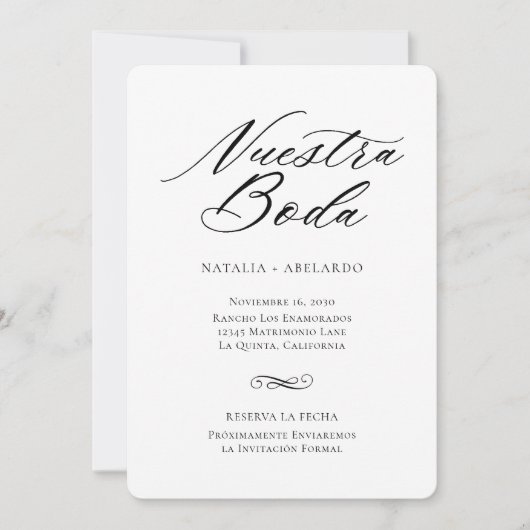 日付スペインのカードを黒エレガントと白で保存 セーブザデート (正面)