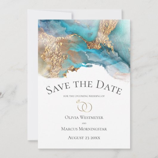 日付ターコイズと金ゴールドインク大理石を保存 招待状 (正面)