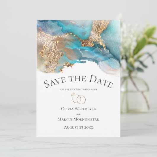 日付ターコイズと金ゴールドインク大理石を保存 招待状 (スタンド正面)