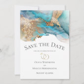 日付ターコイズと金ゴールドインク大理石を保存 招待状 (正面)