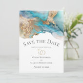 日付ターコイズと金ゴールドインク大理石を保存 招待状 (スタンド正面)