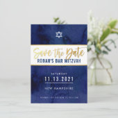 日付ダークブルーの水色の金ゴールド型スターを保存 招待状 (スタンド正面)