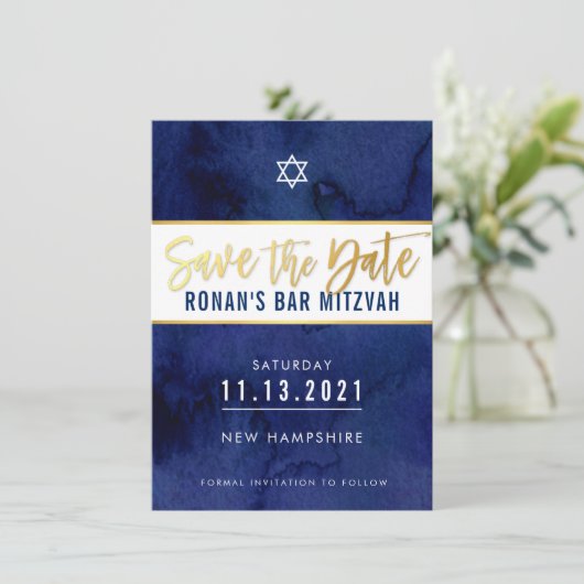 日付ダークブルーの水色の金ゴールド型スターを保存 招待状 (スタンド正面)