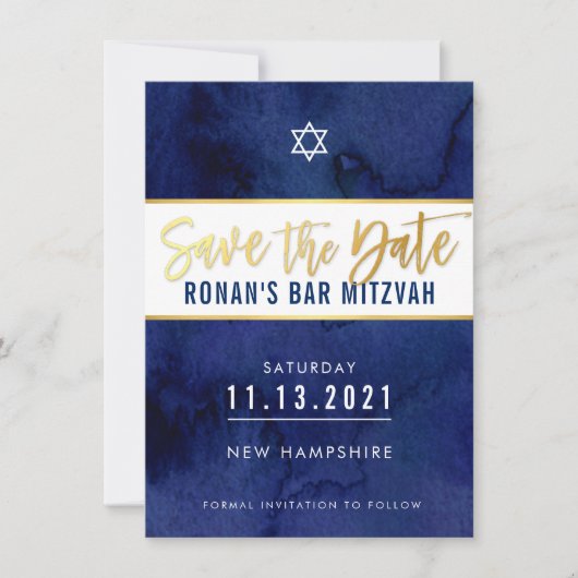 日付ダークブルーの水色の金ゴールド型スターを保存 招待状 (正面)