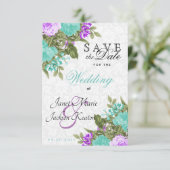 日付ティール（緑がかった色）と紫かわいらしの花を保存する セーブザデート (スタンド正面)